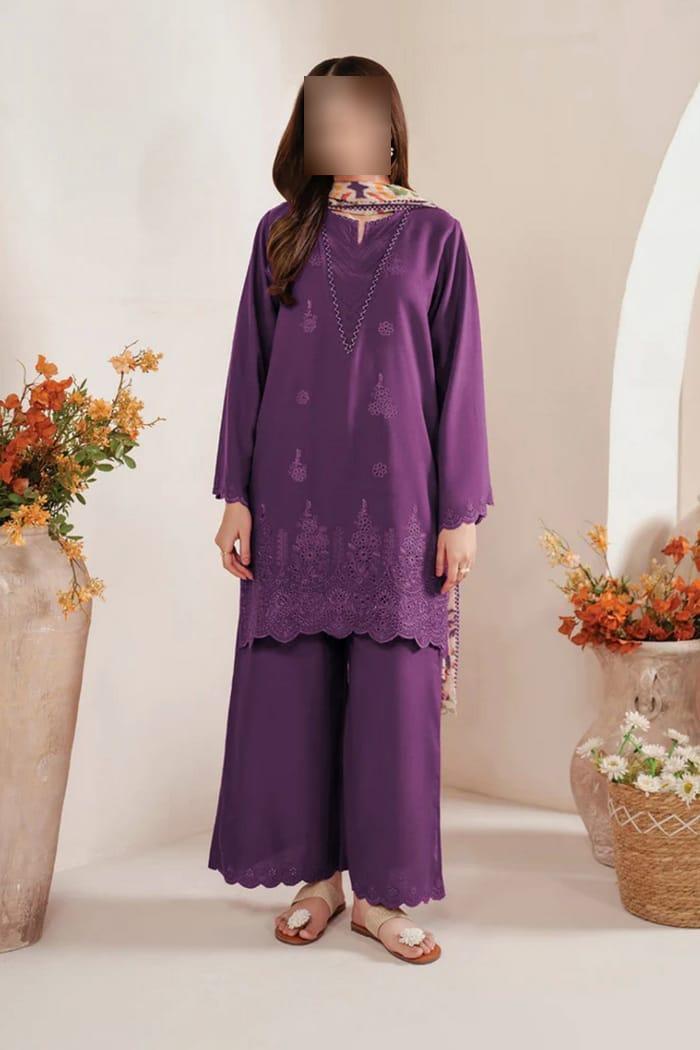 Women’s Unstitched Chikankari Embroidered 3-Piece Suit with Diamond Digital Dupatta – Purple Trend Nexus