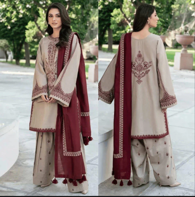 3 Pcs Women’s Unstitched Embroidered Dhanak Suit with Wool Digital Print Dupatta – Ivory Trend Nexus
