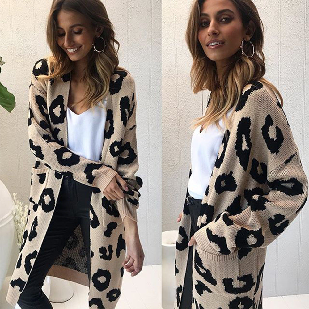 Women’s Leopard Print Long Knit Cardigan – Winter Loose Fit Sweater Trend Nexus