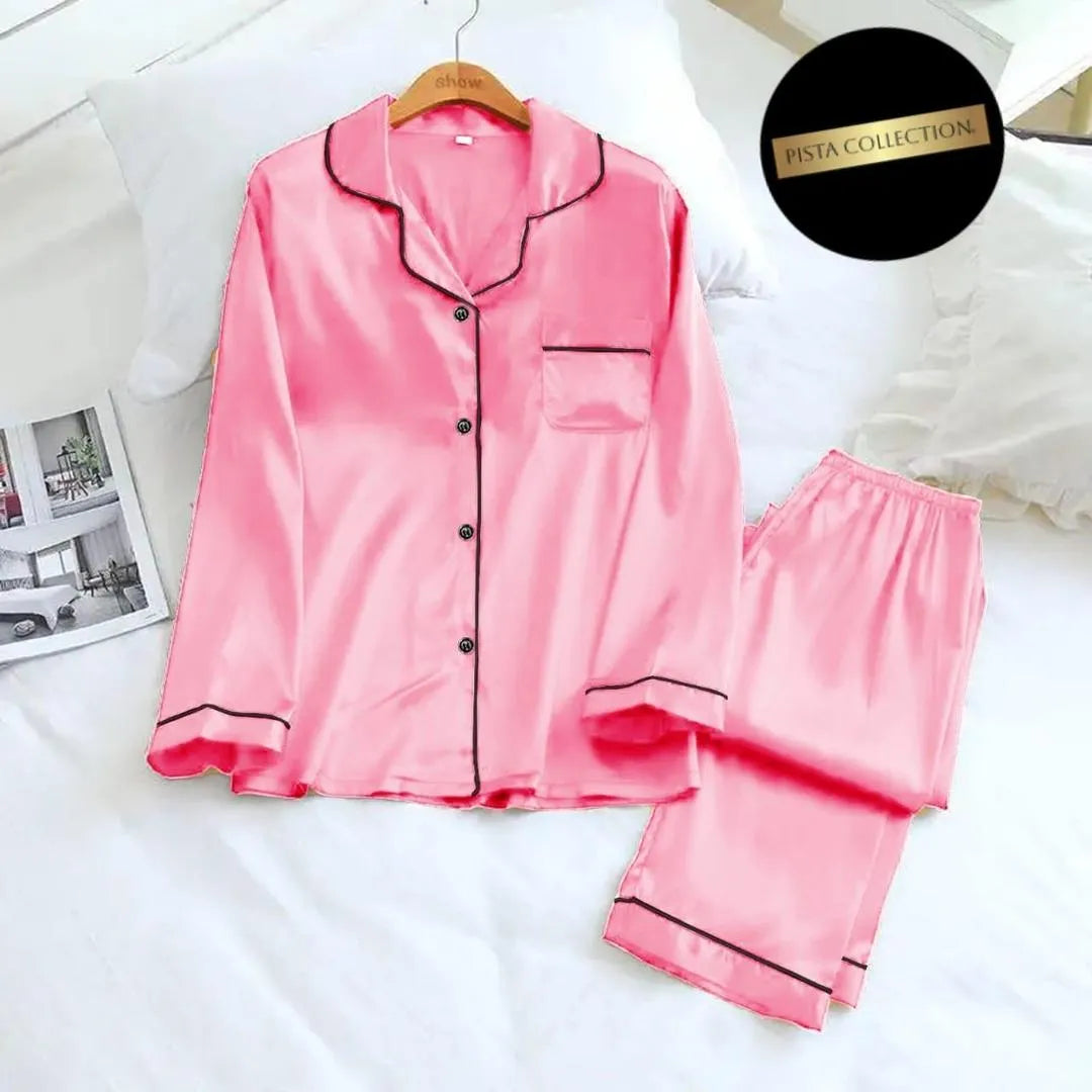 Women’s Silk Plain 2-Piece Nightwear Suit with Scrunchie Trend Nexus