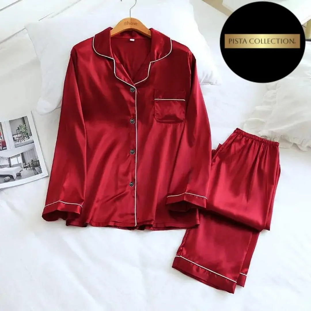 Women’s Silk Plain 2-Piece Nightwear Suit with Scrunchie Trend Nexus