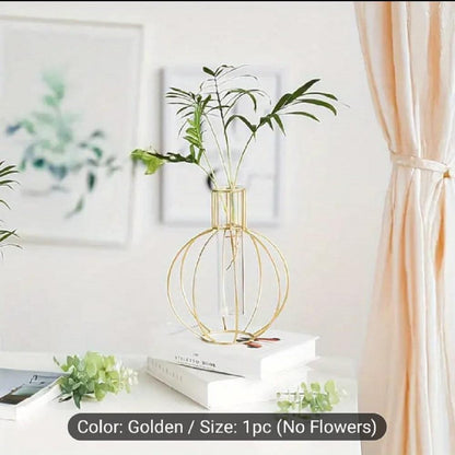 Modern Geometric Golden Flower Vase – Metal & Glass Decorative Accent Trend Nexus