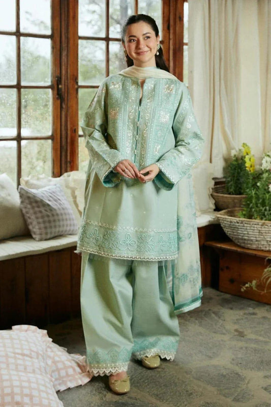 3 Pcs Women’s Unstitched Embroidered Dhanak Suit with Wool Digital Print Dupatta – Green Trend Nexus