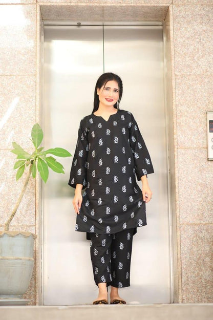 Women’s Linen Block Printed 2-Piece Suit – Stylish Stitched Shirt & Trouser Set Trend Nexus