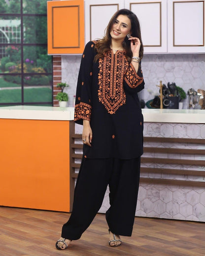 Women’s Cotton Embroidered 2-Piece Suit – Black Shirt & Trouser Set Trend Nexus