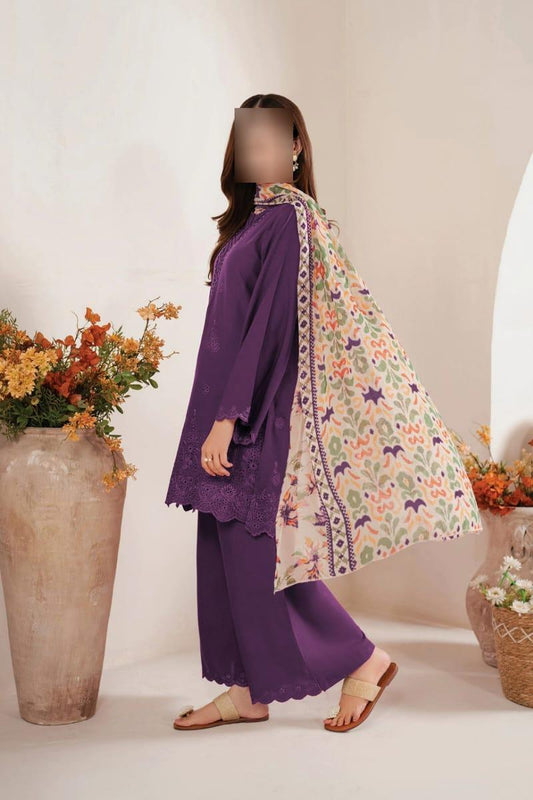 Women’s Unstitched Chikankari Embroidered 3-Piece Suit with Diamond Digital Dupatta – Purple Trend Nexus