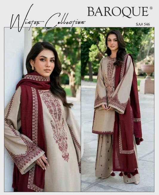 3 Pcs Women’s Unstitched Embroidered Dhanak Suit with Wool Digital Print Dupatta – Ivory Trend Nexus