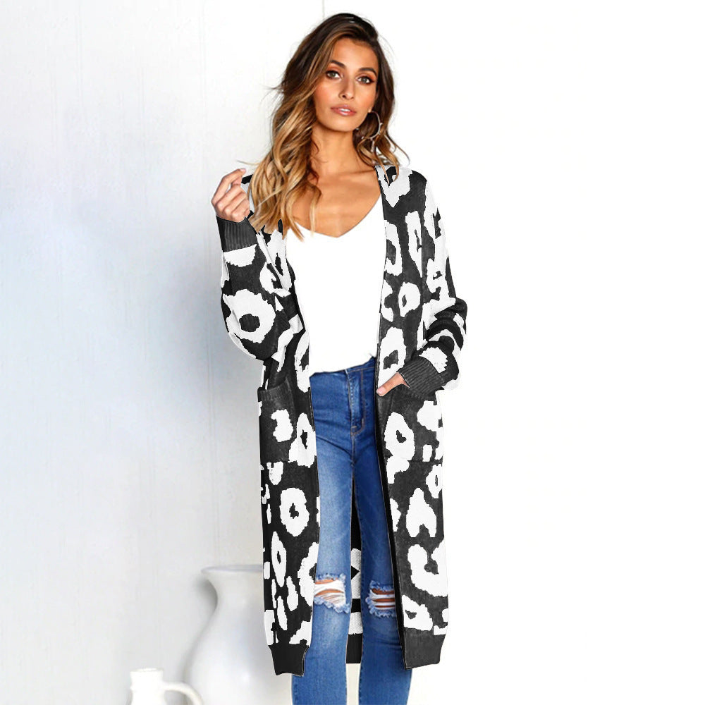Women’s Leopard Print Long Knit Cardigan – Winter Loose Fit Sweater Trend Nexus