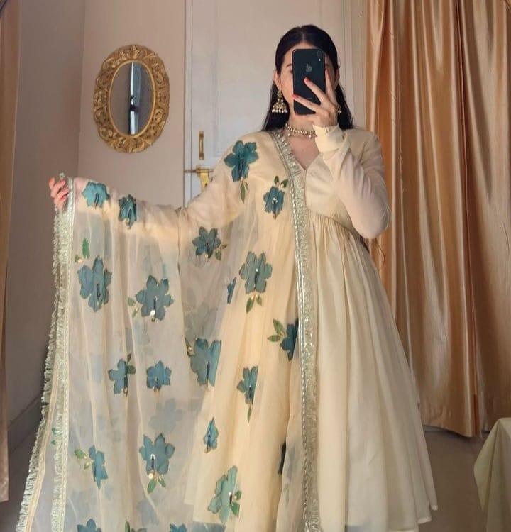 Embroidered Chiffon Gharara Set - 3 Pcs in Beige Multicolor Trend Nexus