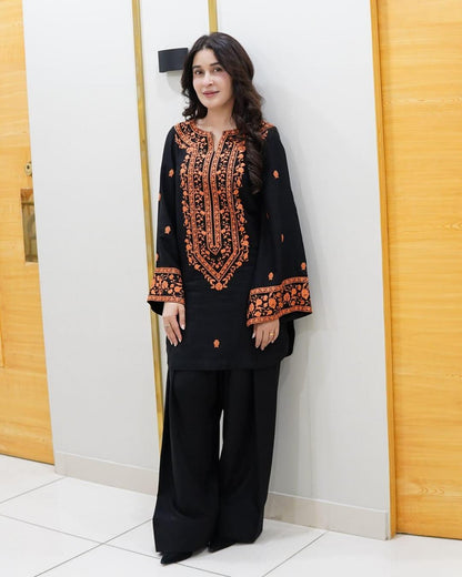 Women’s Cotton Embroidered 2-Piece Suit – Black Shirt & Trouser Set Trend Nexus