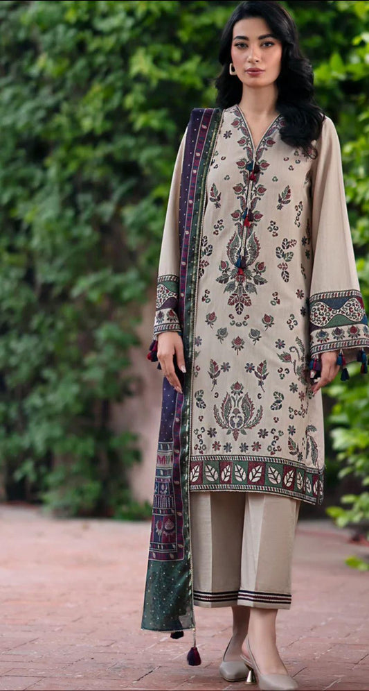 3 Pcs Women’s Unstitched Dhanak Embroidered Suit – Lilac